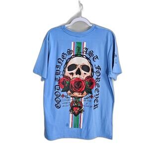 Sky Blue Short Sleeve Graphic Skull & Rose Tee